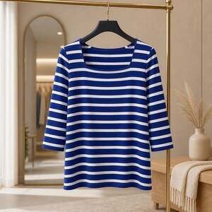 Chico's Blue & White Striped Square Neck 3/4 Sleeve Cotton Top #1461